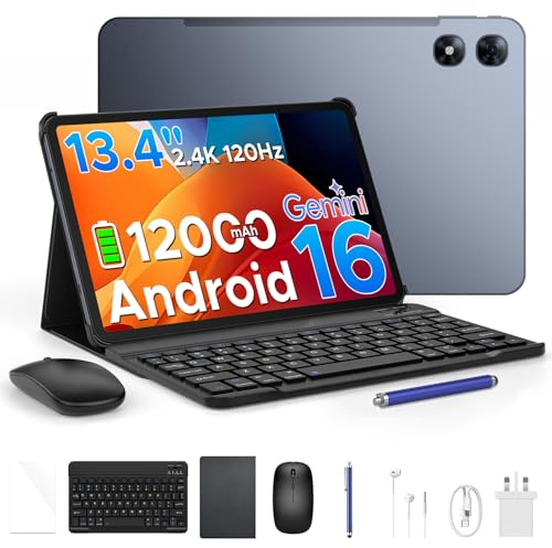 POPUX P13 Pro Tablet, Tablets 13.4 Pollici, 48GB RAM 256GB ROM, Android Tablet 16 con Gemini AI, 120Hz, 12000mAh, 16MP+8MP, Ultra-Thin 7.7mm Body, 5G WIFI, 4G LTE, Tablets con Tastiera, Cuffie-Grigio