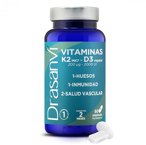 Vitamina D3 y K2 MK7 Vegetal Drasanvi en 60 Comprimidos | 2000 UI de Vitamina D3 mas 200mcg de Vitamina K2, para Huesos, Defensas, Dientes, Musculos y Absorcion del Calcio Diariamente
