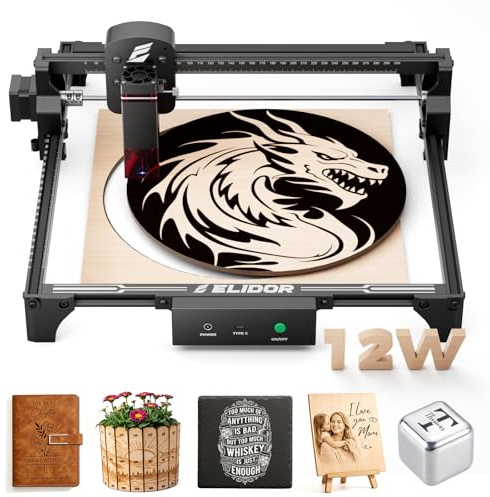 ELIDOR Z6 12W Laser Graviermaschine, 60W Leistung Laser Cutter, 300x300mm Arbeitsbereich,0,01mm Präzision Hochpräzise lasergravur maschine für Holz, Modellbau, Leder, Glas, Metall Sowie Diy-Geschenken