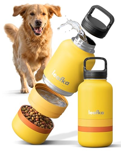 Bouteille pour Chien 3 en 1 avec Gamelle Eau et Compartiment Croquettes, Gourde de Voyage Portable pour Chien et Chat, Bouteille Transport Eau et Nourriture pour Animaux (Jaune)
