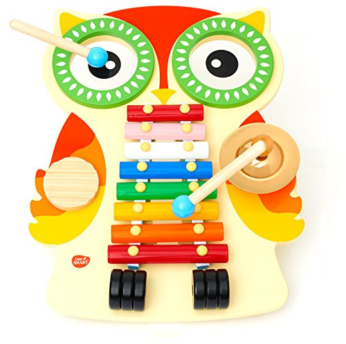 Musiktisch / Musikinstrument aus Holz, musikcenter mit Xylophon / Glockenspiel für Kleinkinder mit 2 Trommeln, Guiro und Cymbal mit 2 Klopfer. Design Eulen. 18 Monaten +, Xylophon Baby und Kinder holz musikspielzeug und Kleinkind Musikinstrumente Spielzeug Geschenk