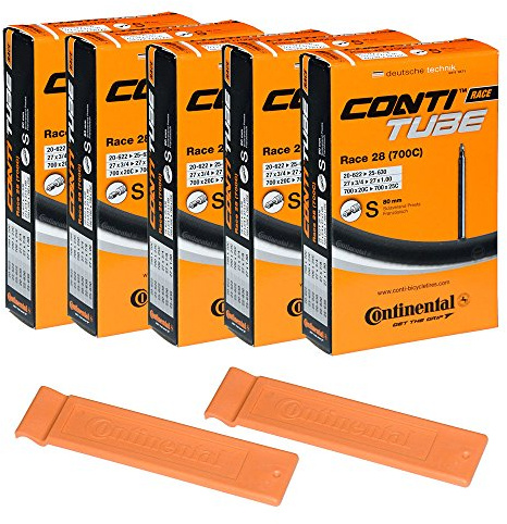 Continental Fahrradschläuche Race 28 700 x 20-25 S80 Presta-Ventil 80 mm Fahrradschlauch, Fahrradteile, Fahrrad Mantel, Rennrad Mantel, Paket mit 5 Conti-Röhren und 2 Conti Race Reifenheber