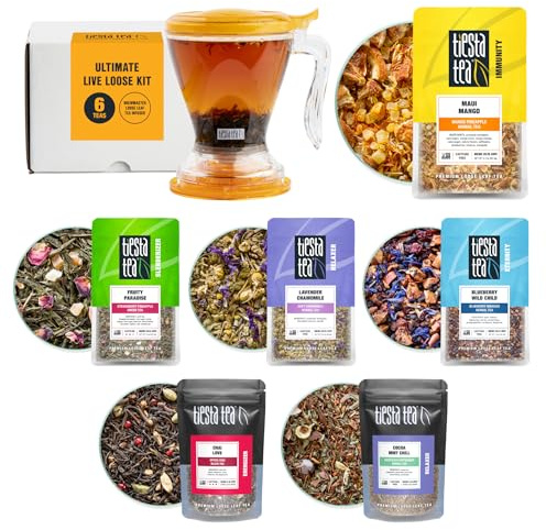 Tiesta Tea Ultimate Live Loose Leaf Kit, Tea Starter Kit with High to Non-Caffeinated Blends, Hot & Iced Brews, Includes Black, Green, Herbal Sample Bags and 16oz Brewmaster Dispensing Infuser