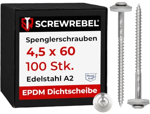 100 Stück SCREW REBEL Spenglerschrauben 4,5 x 60 mm - Edelstahl A2, Inox mit EPDM-Dichtscheibe Ø15mm TX 20