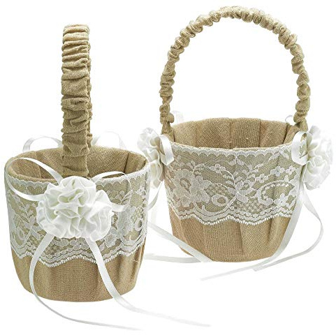 EinsSein 2x Streukörbchen Jute Flower | Blumenkörbchen Hochzeit im Vintage Stil | Blumenmädchen Korb mit Henkel | Körbchen für Blumenkinder zum Blumen streuen | Streublumenkorb Jute Deko Kirche