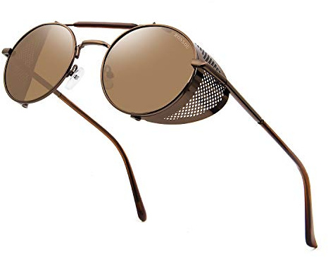 Lunettes steampunk rondes unisexes, coques latérales | Monture métal rétro, verres TAC UV400; pour fêtes, conduite, voyages, festivals et usage quotidien.
