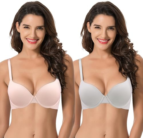 Curve Muse Lättlyft för kvinnor Lägg till 1 kopp tryck upp-bygel-konvertibel T-shirt-BH-2-Packa-Lt GråRosa-80E