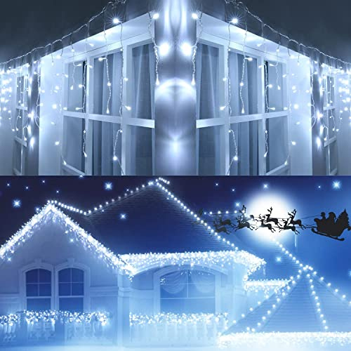 Joomer Eisregen Lichterkette Außen Weiß, 12M 400LED Eiszapfen Weihnachten Lichterkette Strom Timer, 8 Modi Weihnachtsbeleuchtung Lichtervorhang Aussen für Garten Party Innen Balkon Deko
