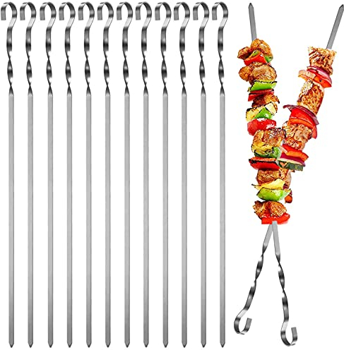 Kebab Skewers, 12PCS Stainless Steel BBQ Kebab Meat Skewers Set, Flat Barbecue Shish Kebab Stick for Meat Vegetables