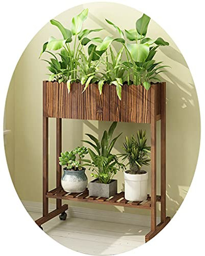Balkon Massivholz Blumentopf Garten Doppelschicht Blumenständer Mit Universalrädern Wohnzimmer Blumentopf Display Ständer Garten Holz Grünen Pflanzenständer (Color : Brown, Size : 66x38x85cm)
