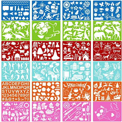 Qpout 24pcs Pochoir de Dessin Coloré pour Enfants, Animaux Papillon Licorne dinosaure modèles de peinture pour garçons filles anniversaire cadeaux de noël tout-petits outil de peinture préscolaire