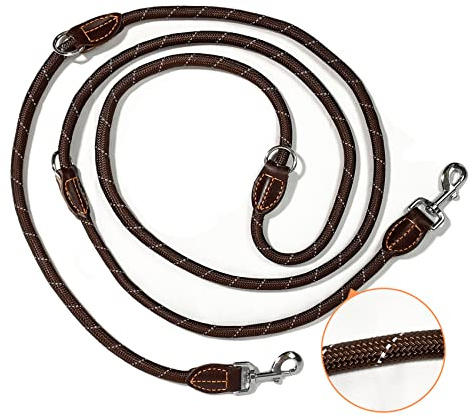 Trhillsbrad Hundeleine 3m x 14mm, Verstellbare hundeleine Große Mittelgroße Hund, Multifunktionsleine Doppelleine Umhängeleine robust, Braun