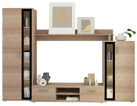 Mirjan24 Wohnwand Bentley, Praktische Anbauwand, Schrankwand, Mediawand, mit viel Stauraum, Top-Qualität (Country Oak Grey/Schwarz, mit LED Beleuchtung)