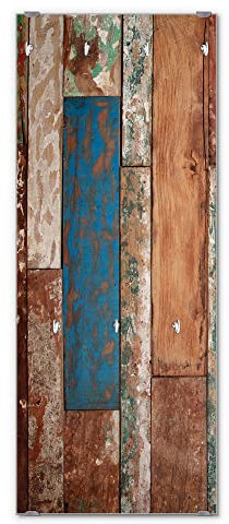 banjado® Wandgarderobe aus Echtglas/Design Garderobe 50 x 125 cm groß/Flurgarderobe mit 7 Haken/Beschreibbares Garderobenpaneel Motiv Buntes Holz