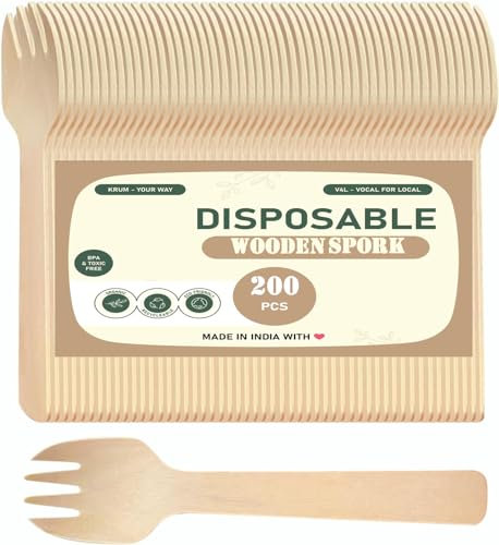 V4L Wooden Spork 2 in 1 (Spoon + Fork) Mini Wooden Cutlery Set, 16 CM 200 Spoon