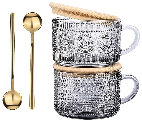 Juego de 2 tazas de café de vidrio vintage, tazas de té de vidrio transparente en relieve con tapas y cucharas de bambú, bonitos accesorios de barra de café, para capuchino, latte, avena nocturna,