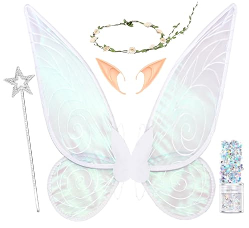 Feen Kostüm Damen Feenflügel Erwachsene Elfenohren Blumenkranz Halloween Kostüm Accessoires,Feenflügel Kinder Karneval Geburtstag Weihnachten Rollenspiel Theme Party