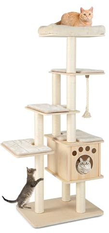 COSTWAY 6-stöckiger Kratzbaum Holz, 170cm Katzenbaum mit gemütlicher Matten & Höhle & Sisalseil, Katzenkratzbaum Groß, Katzen Katzenmöbel, Kletterbaum Aktivitätsbaum Spielbaum, Beige