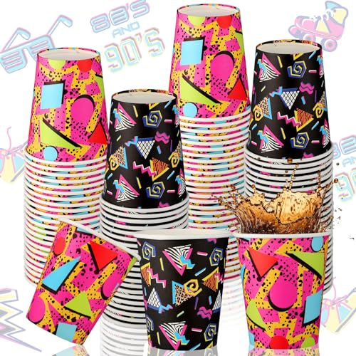 Yoande 100 Pcs Retro 80s 90s Disposable Paper Cups 9 oz Disco 80s Party Supplies Decor Paper Cups for Adults Kids Cold Hot Drinking Coffee Juice 90s Retro Music Party Favors, 2 Designs