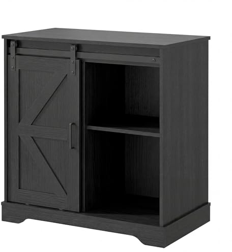 Panana Sliding Barn Door Buffet Sideboard Storage Cabinet Home Bar Kitchen Farmhouse Style (Black)