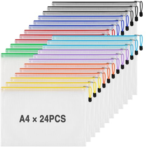 24 Stück Dokumententasche A4, Wasserdichte Dokumententasche, Beutel mit Reißverschluss, Mesh Kunststoff Reißverschlusstasche für Datei, Papier, Kosmetika, Quittungen(mit Haftnotizen)