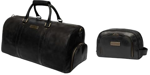 DRAKENSBERG Set/2 Leder Weekender 'Finn' & Kulturbeutel 'Ben' - Reisetasche Herren, Damen mit passender Kulturtasche - Schwarz, DR-SET-925
