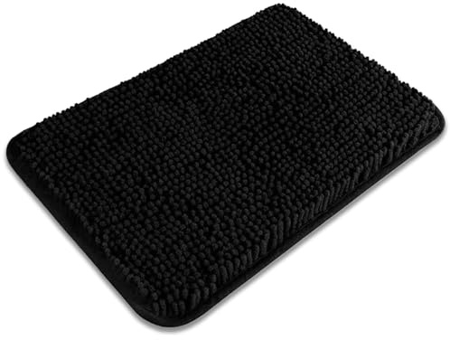 PureSwan Kleiner Badezimmerteppich, 30,5 x 45,7 cm, waschbare und saugfähige Badematte, rutschfest, dicker, weicher Chenille-Badteppich für Badezimmer, Dusche, Waschbecken, Hundematte (schwarz)