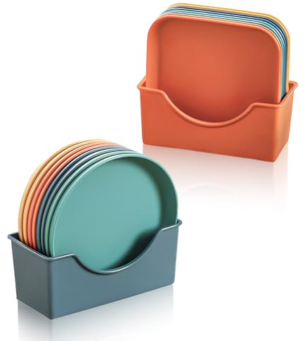 Mulaibdin 16 Pcs Plastic Plates Reusable, 5.7 Inch Camping Plates Unbreakable, Lightweight Dinner Plate Set with Holder, Colourful Picnic & Party Plate Kids Adults