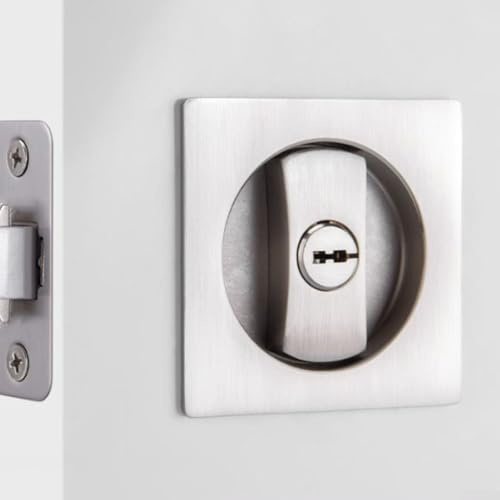 Serratura per porta scorrevole, serratura per porta scorrevole, quadrata, per letto, bagno, privacy con chiave, 65 x 65 mm (argento)