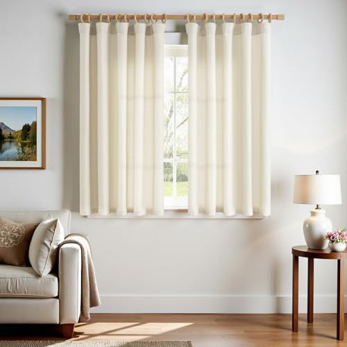 Vangao Gardinen kurz mit Kräuselband Beige 2er Set 140B X 145H cm für Wohnzimmer Vorhänge Modern Schienensystem Vorhänge Schlafzimmer Kinderzimmer Leinenoptik Landhausstil Landhaus Curtains