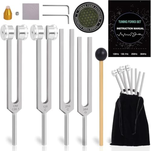 Stimmgabeln für Heilung Set, inklusive 128Hz, 136Hz, 256Hz, 384Hz, gewichtete & ungewichtete Stimmgabeln Set mit Reflexhammer, Aktivator, Edelsteinfüßen, für Klangtherapie, Chakra, Yoga, Meditation