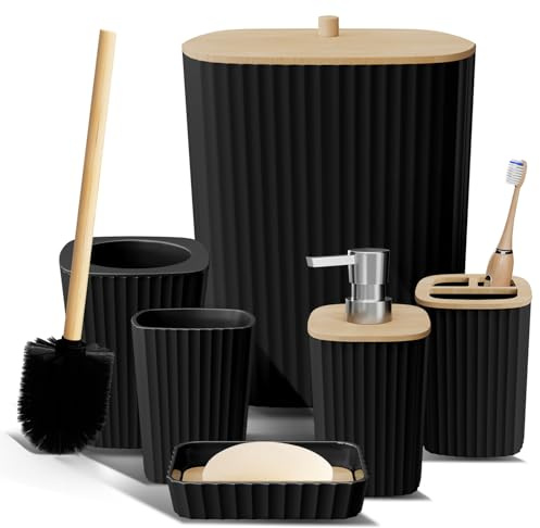Clara Clark Bathroom Set - Black Bathroom Accessories Set, 6PC Bathroom Accessory Set, Bathroom Sets with Toilet Brush, Trash Can & Soap Dispenser