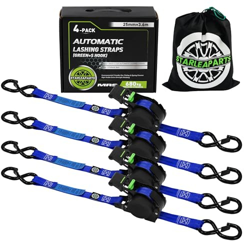 STARLEAPARTS Automatik Spanngurt mit S Haken, Einziehbare Spanngurte, 4PK | 3,6 m x 25mm, 340KG/680KG, Automatischer Spanngurtaufroller mit Ratsche, Zurrgurt Selbstaufrollend für Motorrad, Kajak, Blau