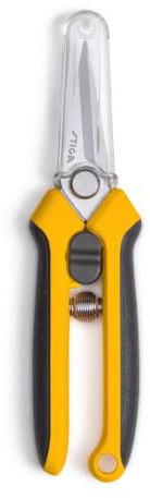 STIGA - Lama a doppio taglio in acciaio inossidabile, impugnatura ergonomica, caricamento a molla, design giallo ad alta visibilità, ideale per erbe e fiori.