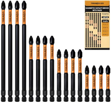 TOOLMAYS 16PCS PH2 & PZ2 Magnetic Impact Driver Bits | 4 x 50mm/75mm/100mm/150mm, Long Pozidriv Screwdriver Bit Sets Heavy Duty, S2 Steel Magnetic Screwdriver Bits
