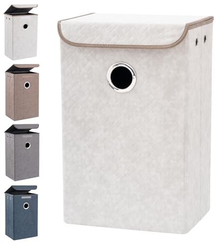 Muzilife Wäschekorb Schmal mit Deckel, 64L Faltbare Wäschesammler Wäschebox, Stabil Wäschetonne, 38 x 28 x 60 cm, Laundry Baskets für Waschküche Schlafzimmer Badezimmer, Grauweiß