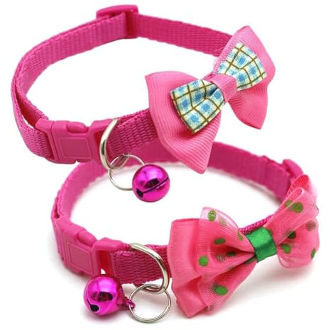 Puppy Collar with Bell, 2-Pack Hot Pink Dog Collar with Bell Cute Bowtie Cat Collar Nylon Adjustable Buckle for XXS XSmall Girl Pets Female Kitten Yorkie Teacup Chihuahua X-Small, Neck 7-12 Inch