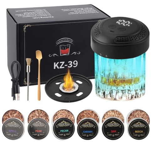 Electric Whiskey Smoker Kit, Rechargeable Cocktail Smoker Kit with 6 Wood Chips, Ambient Lights, Old Fashioned Drink smoker kit for Bourbon, Whiskey Gifts for Men, Husband, Built-in Lighter, No Butane