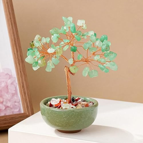 Lumisoul Natural Crystal Gemstone Money Tree with Teacup Base Feng Shui Wealth Bowl Bonsai Tree Desktop Decoration Ornament (Aventurine （Crushed Stone Version) Green Bowl