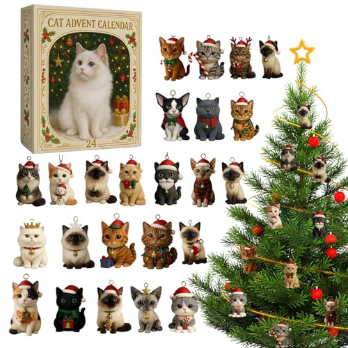 Calendrier De L Avent Noel - Calendrier de l'Avent Chat 2025 en Acrylique 2D avec 24 Compartiments,Décoration Artistique Festive pour Femmes Hommes et Adultes