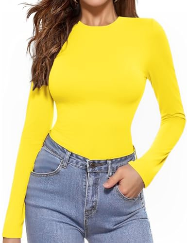 Aottori T-Shirt Femme Manches Longues Col Rond Hauts Élégant Moulante sous Pull Slim Fit Extensible Top Basic Chic Décontracté Respirant Jaune M