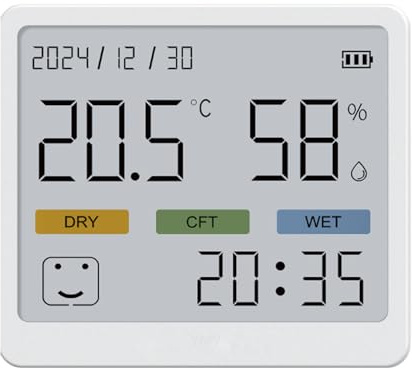 Hygrometer Indoor Thermometer ℉/℃, Desktop Digital Thermometer with Temperature and Humidity Monitor, Accurate Humidity Gauge Room Thermometer with Clock (White)