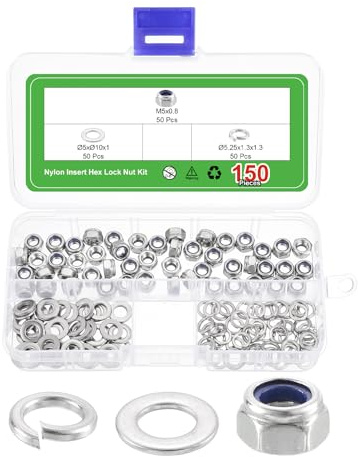 QUARKZMAN 150Pcs Dadi Esagonali Autobloccanti M5 X 0.8 Argento&Blu | Acciaio Inox 304, Con Rondelle Piane E Rondelle Di Sicurezza, Con Inserti In Nylon