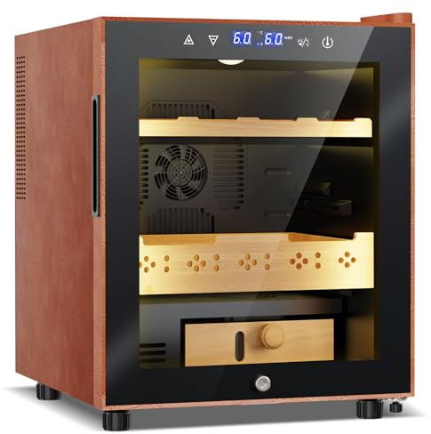 Velivi Electric Humidor with Leather-50L Cooling & Heating Humidor, Smart Touch Control Humidity & Temp, Humidors wtih Spanish Cedar Wood Tray, Digital Display, Safety Lock, Desktop Gift for Men