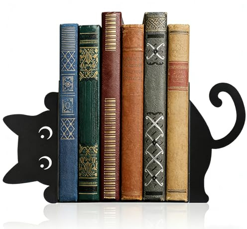 Bokstöd katt – bokstöd metall bokstöd, svart bokstöd (15 × 10 × 3 cm), dekorativ bokstopp för bokhylla, skola, kontor och hem