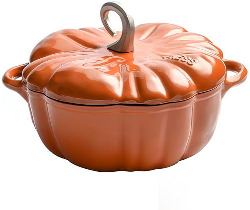 WENNEWU Cocotte a Zucca con Coperchio, Fornello Olandese in Ghisa a Zucca, Pentola a Forma di Zucca, Antiaderente, per Vari Tipi di Fornelli, Regalo Decorativo per Halloween,Orange Style b,25cm