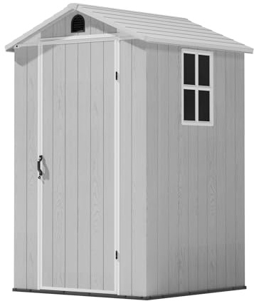 TRIUMPHKEY 4x4 Gartenhaus Kunststoff, 117x117x195 cm Gerätehaus mit Boden, Geräteschuppen mit Satteldach und Belüftung, Wetterfest, Outdoor für Garten Rasen, Hellgrau