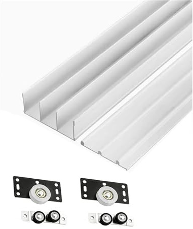 Triple Track Sliding Door Hardware Kit, Aluminum Rails, Flush Mount Adjustable 3-Panel Bypass for Wardrobe, Room Divider, Cabinet Doors(59.1in/150cm)