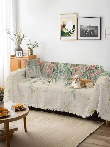 Floral Leaves Sofa Cover Blanket Couch Covers for Armchair Cushion,Couch Sofa Silpcover with Tassel,Summer Botanical Weeping Watercolor Vintage Living Room Throw Towel Blanket Covers XX-L 71x150