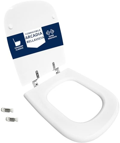 Asiento de inodoro compatible con Arcadia Bellavista con bisagras inclinadas | Asiento de inodoro de madera revestida de resina de poliéster blanco brillante | Fijación superior Hydro Home